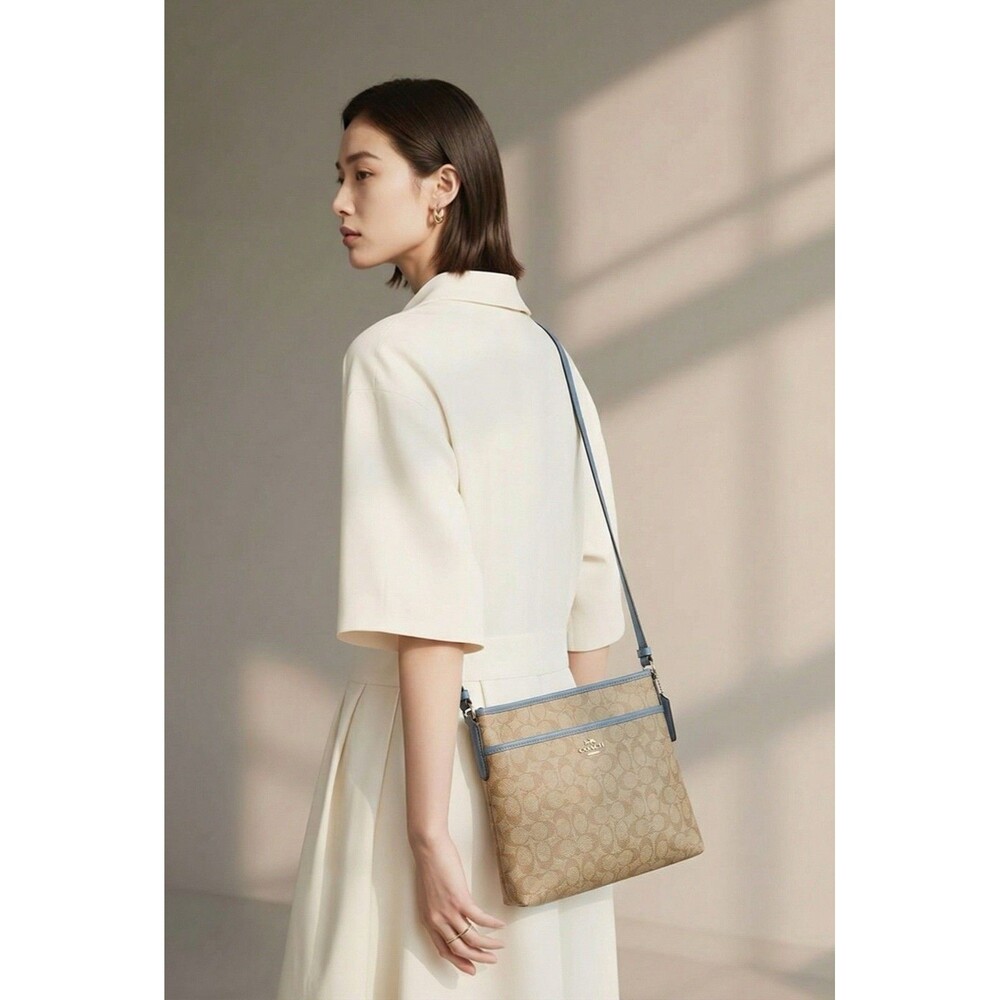 Coach Signature Crossbody Bag - Brown/Blue Trim